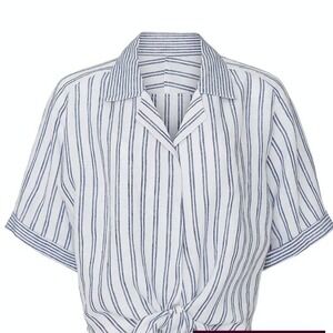 Fifteen Twenty Linen Tie Front Shirt Women's XS Blue White Stripe Button-Up EUC